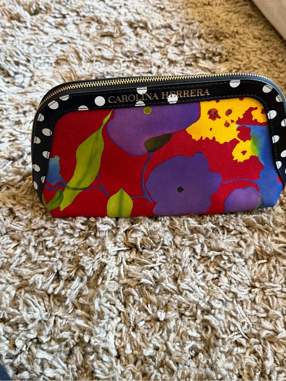 Carolina Herrera Red Floral Cosmetic Pouch with Purple Blooms
